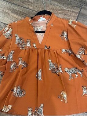 THML Leopard Print Peasant Blouse in Rust